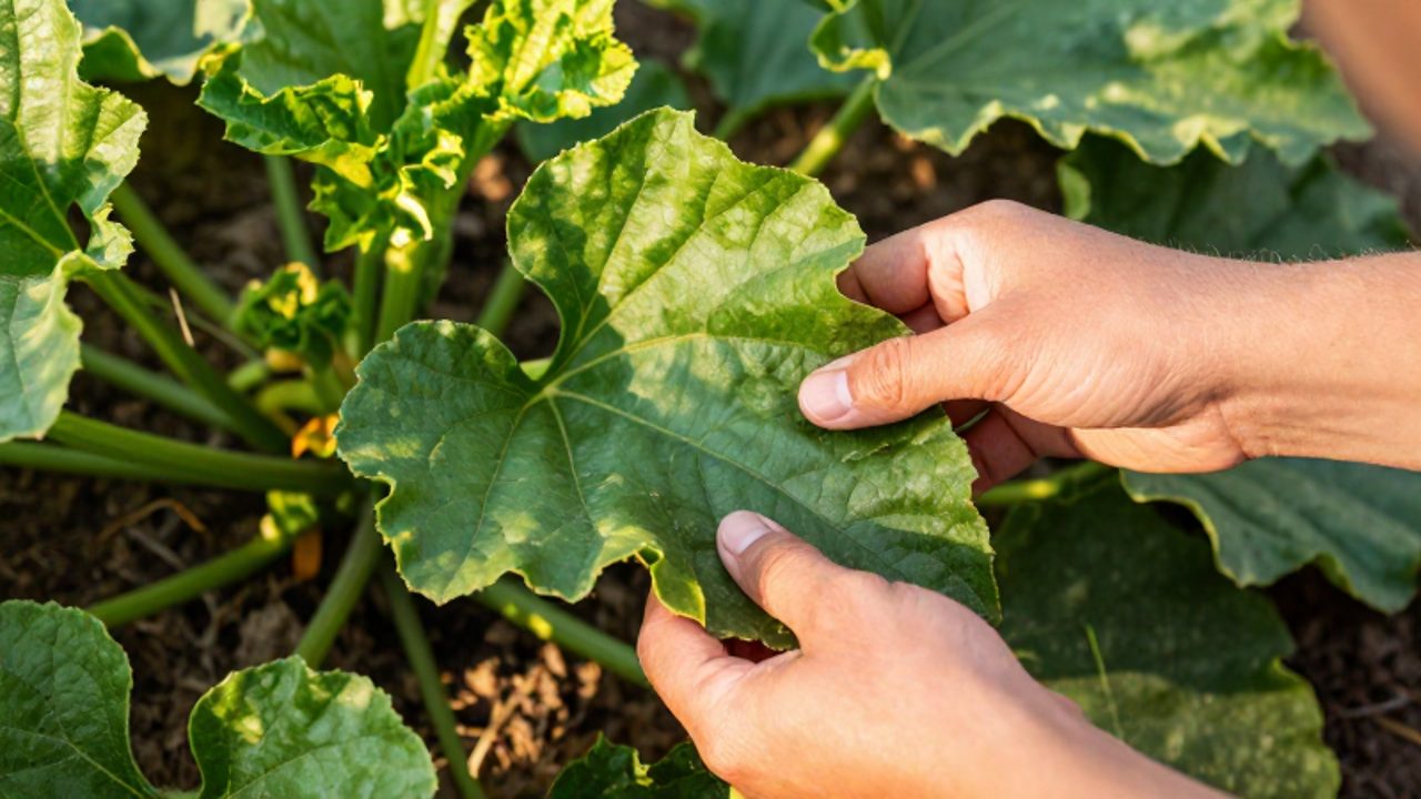 Unas manos de jardinero inspeccionan el envés de una hoja de calabacín para revisar la presencia de insectos en un huerto orgánico.