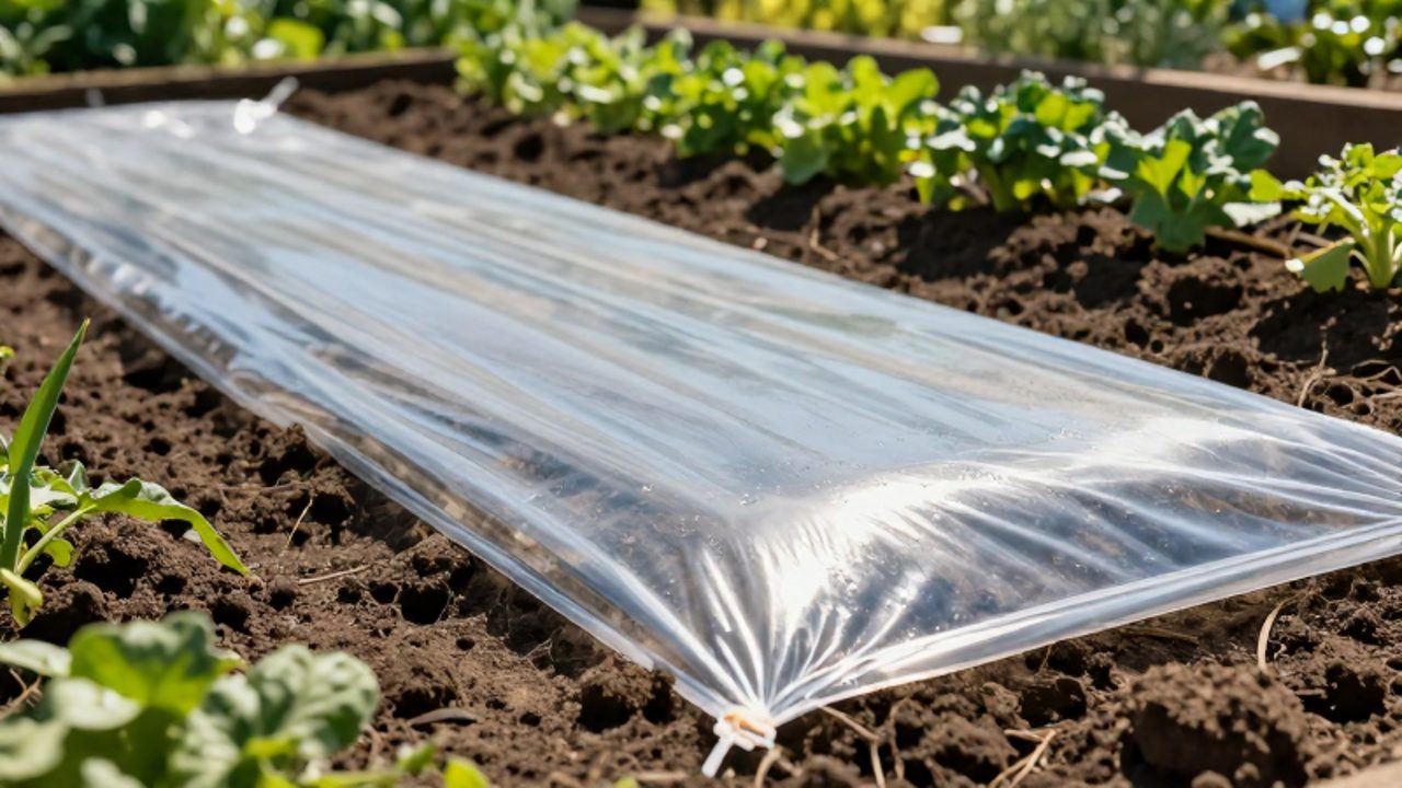 Un trozo de plástico transparente cubre un lecho de tierra húmeda en un huerto para realizar la solarización del suelo bajo la luz del sol.