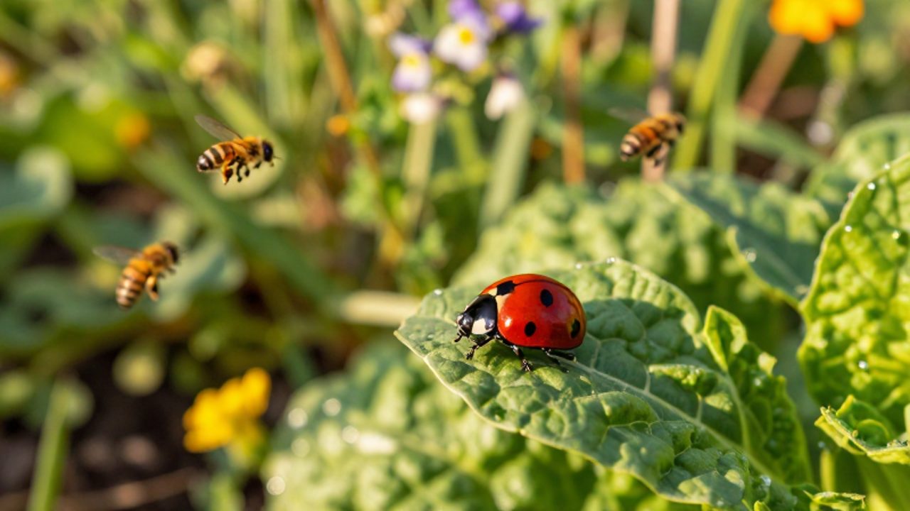 Una mariquita camina sobre una hoja verde en un huerto orgánico rodeado de flores y otros insectos polinizadores.