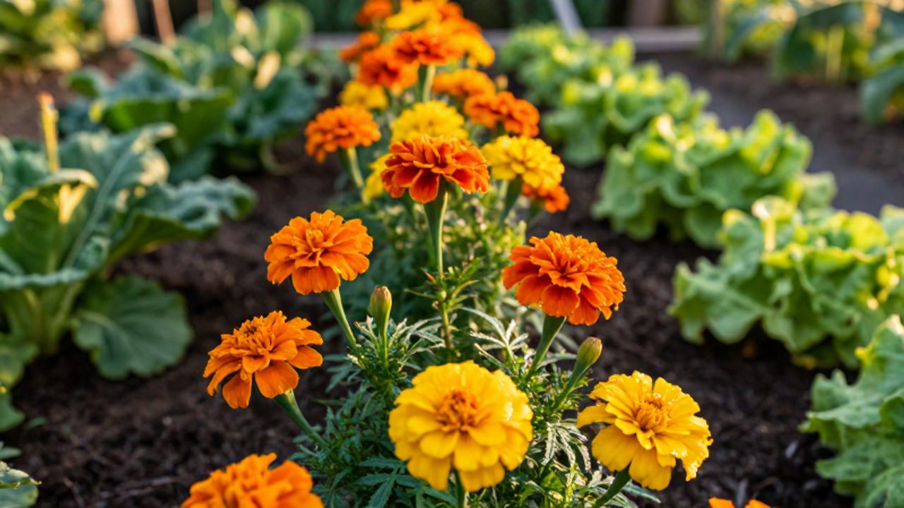 Plantas de caléndula de colores naranja y amarillo creciendo entre hortalizas en un huerto orgánico.