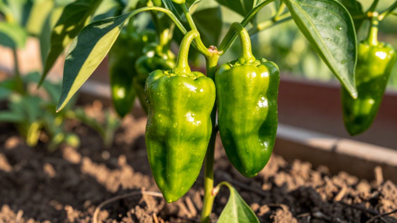 Racimo de pimientos Padrón de color verde brillante creciendo en una planta bajo la luz del sol en un jardín.
