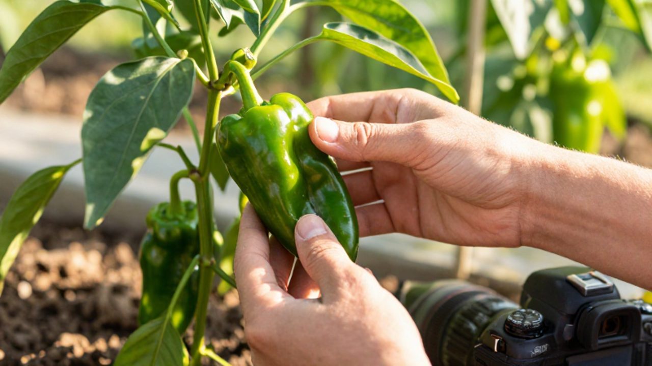 Unas manos inspeccionan de cerca un pimiento Padrón verde y brillante en una planta de un huerto casero.
