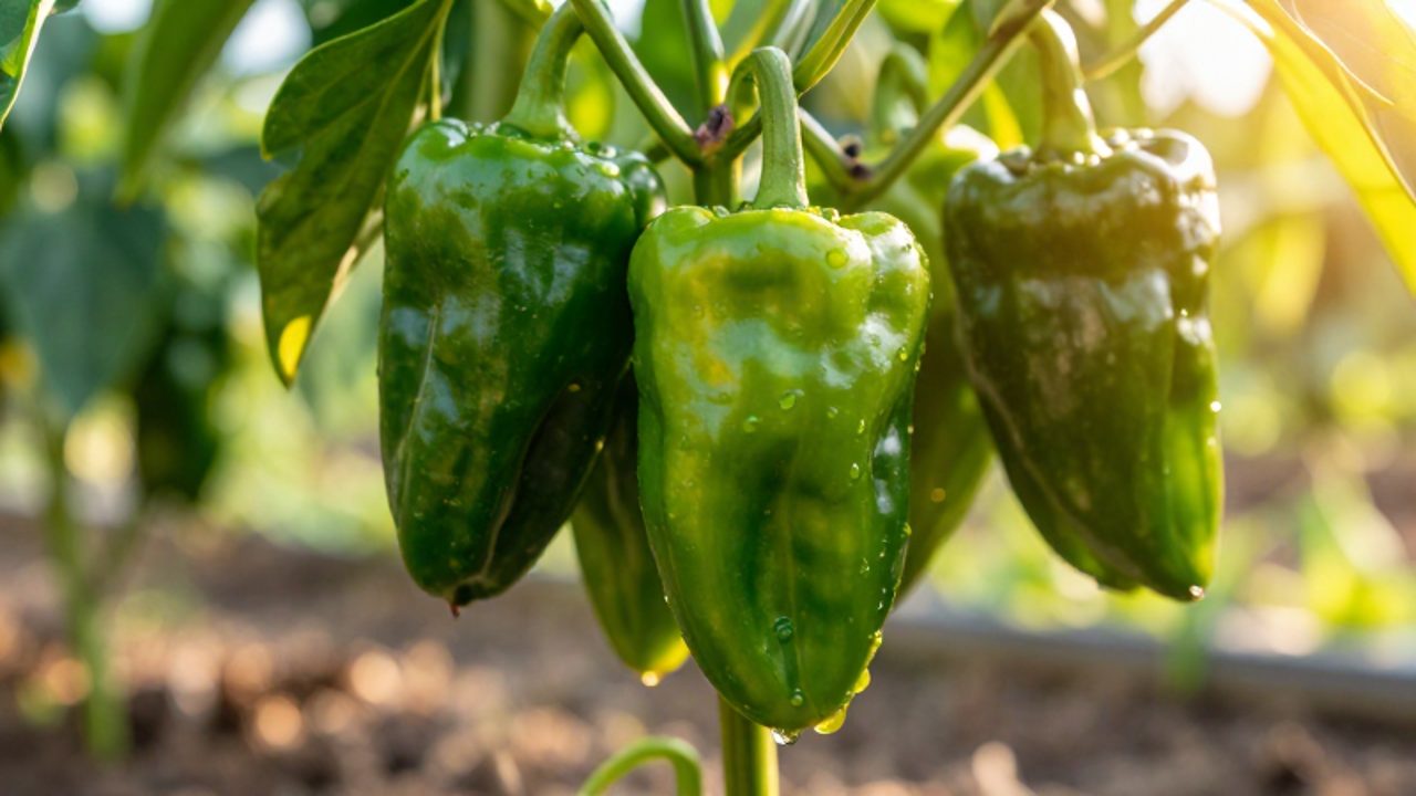 Racimo de pimientos Padrón de distintos tonos de verde creciendo en una planta frondosa en un jardín soleado.