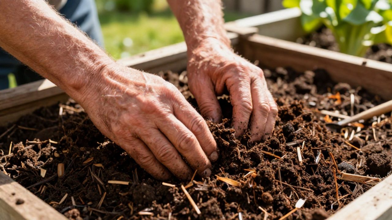 Unas manos mezclan compost orgánico oscuro en un lecho de tierra dentro de un cajón de madera para un huerto.