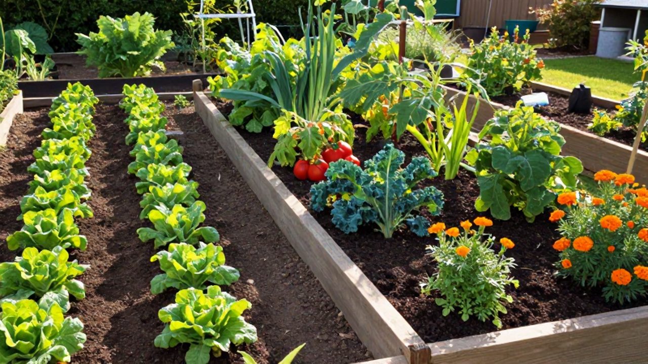 Comparación entre un cultivo convencional de hileras uniformes y un huerto orgánico con cama de madera que mezcla diversos vegetales y flores en tierra rica en compost.