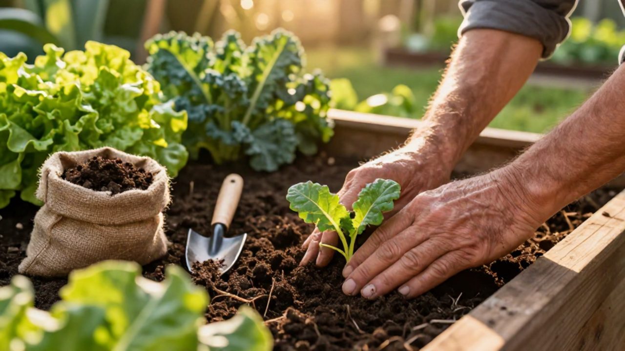 Unas manos de jardinero presionan suavemente tierra orgánica alrededor de un pequeño brote verde en un huerto casero.