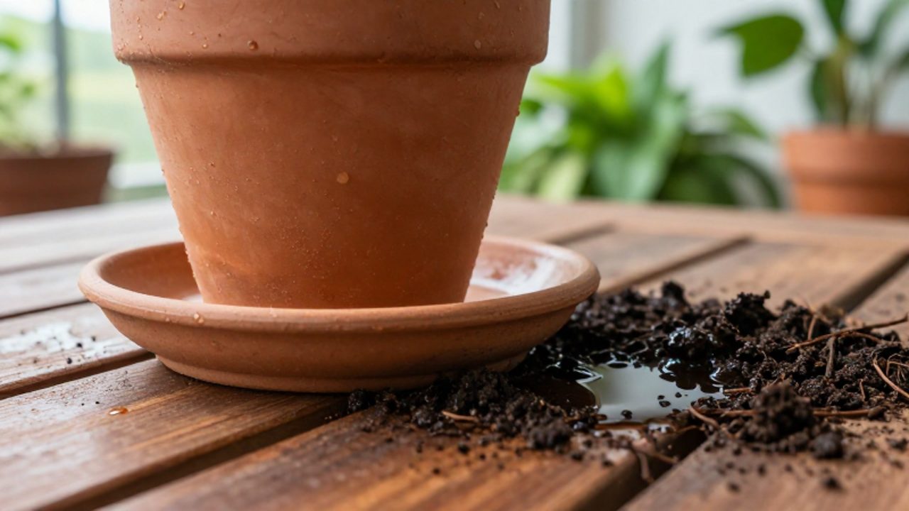 Agua estancada acumulada en el plato de una maceta de terracota sobre una mesa de madera.