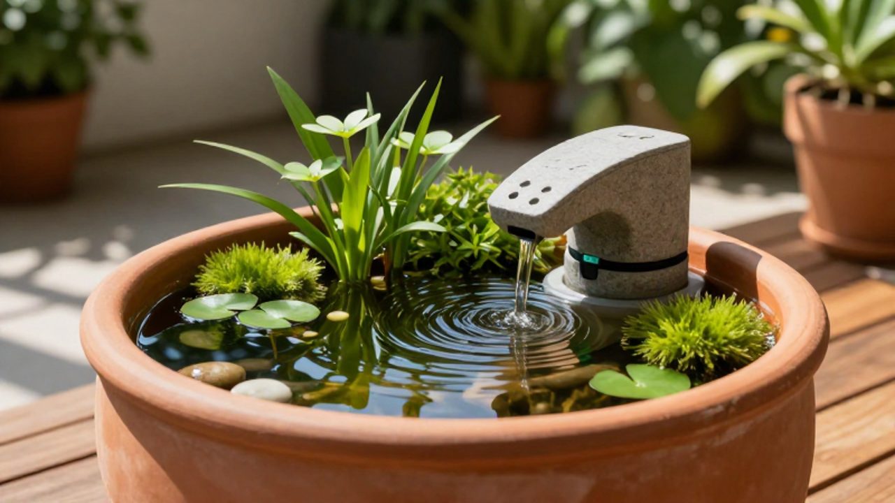 Pequeño jardín acuático en una maceta de terracota con plantas, nenúfares y una bomba de agua que crea suaves ondas en la superficie.