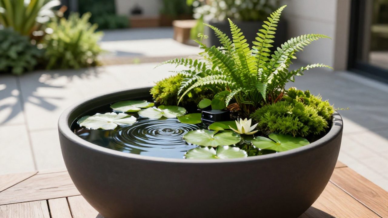 Jardín acuático minimalista con mini nenúfares y helechos que crece en una maceta de cerámica oscura sobre una mesa de madera.