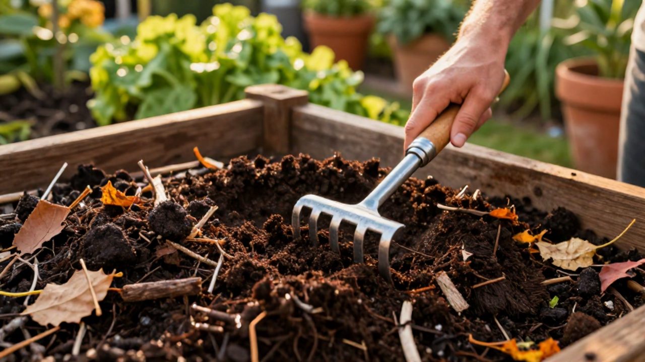Unas manos usan un rastrillo de metal para airear una mezcla de compost oscuro, hojas secas y cartón dentro de un contenedor de madera.