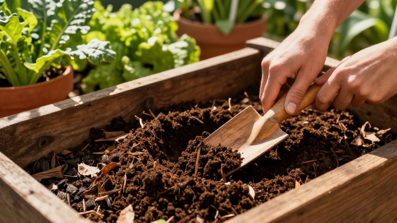Unas manos mezclan compost orgánico oscuro y desmenuzable en un contenedor de madera, con un huerto de vegetales en el fondo desenfocado.