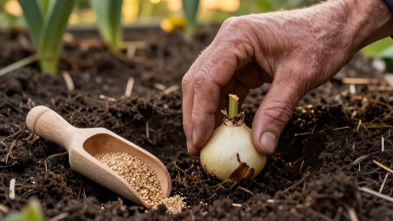 Unas manos esparcen abono de hueso granular en el fondo de un hoyo en la tierra para plantar un bulbo de tulipán.
