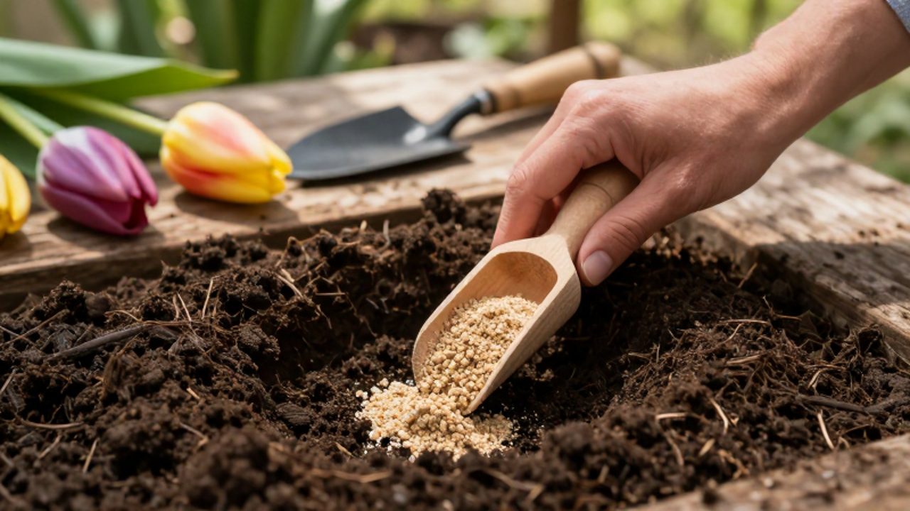 Manos de un jardinero colocando abono de hueso en un agujero de tierra oscura para plantar un bulbo de tulipán.