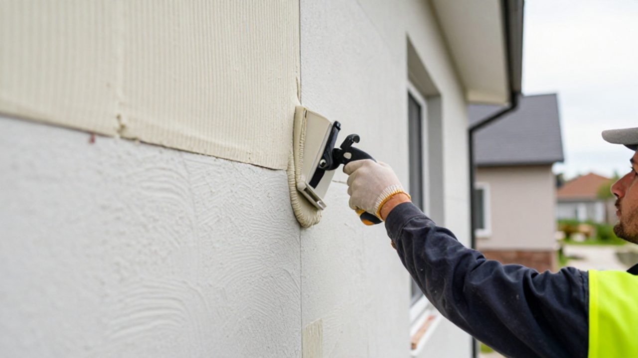 Un operario aplica mortero adhesivo sobre paneles de aislamiento térmico durante la instalación del sistema SATE en la fachada de una vivienda.