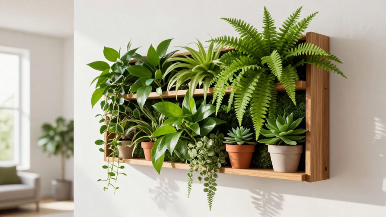 Jardín vertical con diversas plantas verdes y helechos dispuestos en estantes de madera sobre una pared blanca en un salón luminoso.