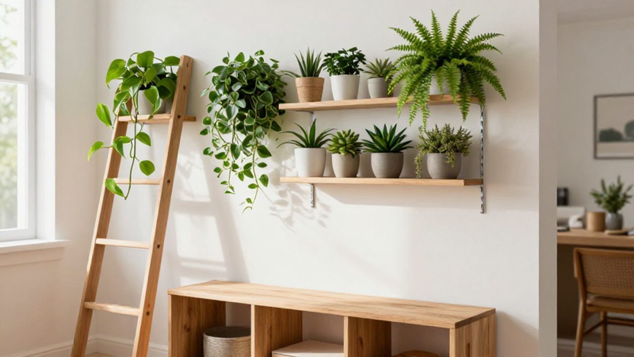 Estanterías de madera y un banco con compartimentos organizan diversas plantas verdes en el rincón luminoso de un apartamento.