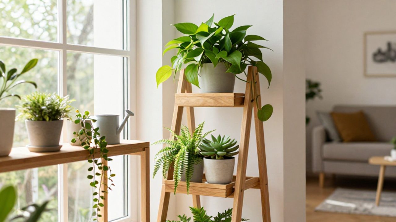 Estante de madera escalonado con diversas plantas verdes en macetas cerámicas junto a una ventana iluminada en un apartamento moderno.