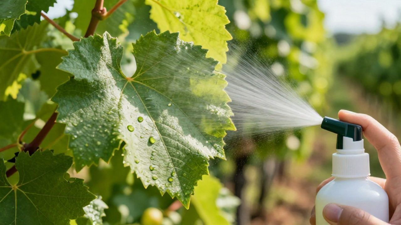 Gotas de un producto biológico pulverizado sobre una hoja de vid sana en un viñedo iluminado por el sol.