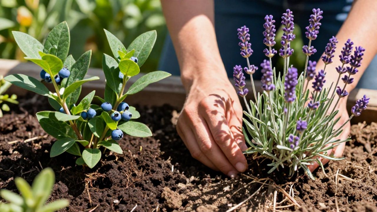 Manos de un jardinero muestran la diferencia entre el suelo oscuro de unos arándanos y la tierra más clara de una planta de lavanda.
