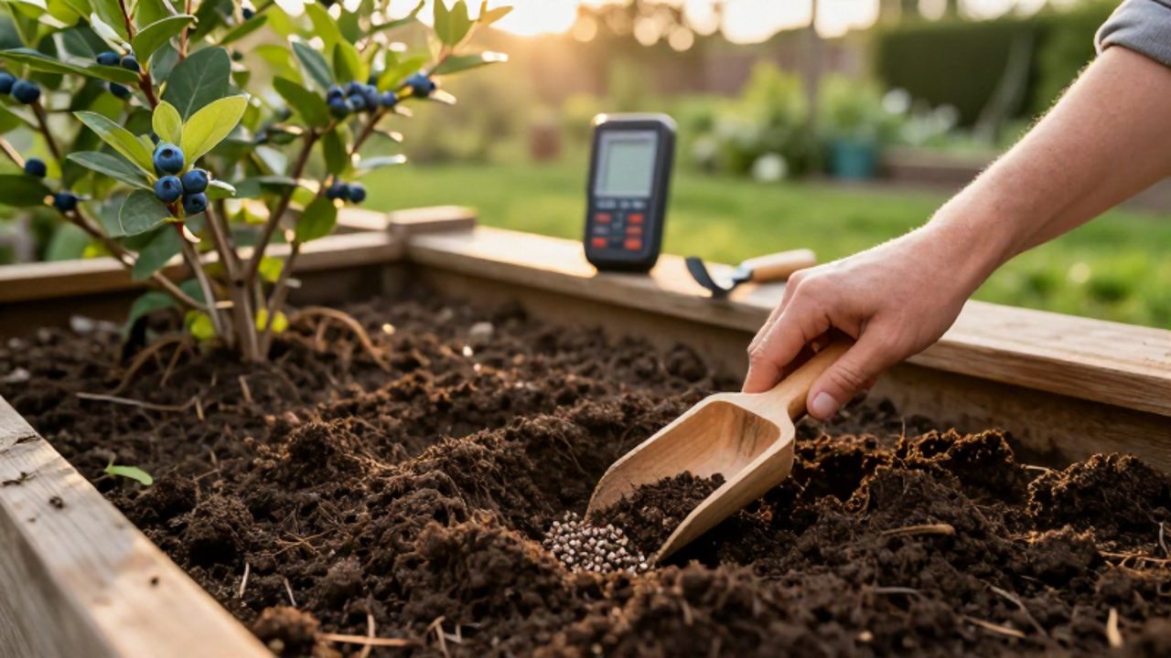 Unas manos mezclan materia orgánica en un suelo húmedo de un jardín para aumentar su acidez.