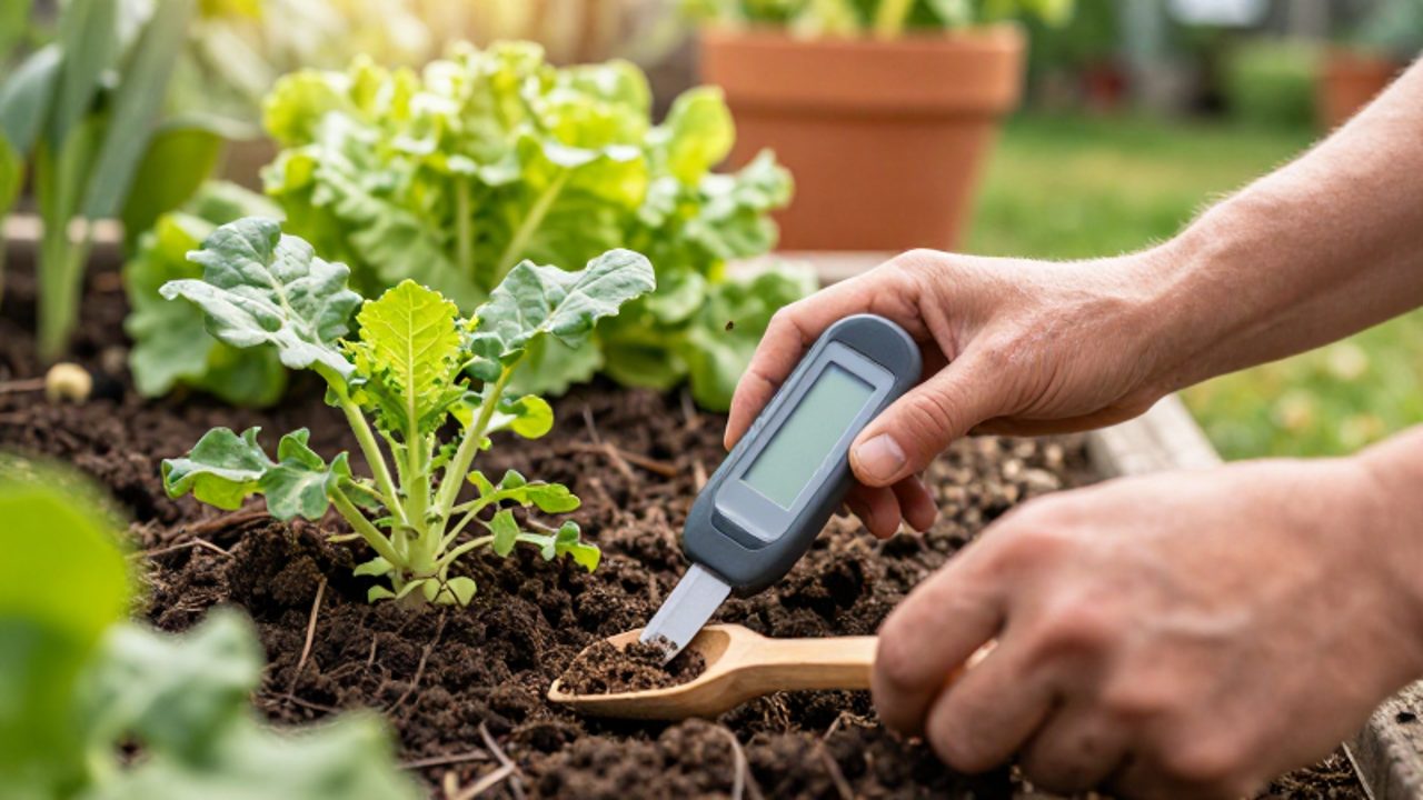 Unas manos introducen un medidor digital de pH en la tierra húmeda de un huerto junto a una planta verde.