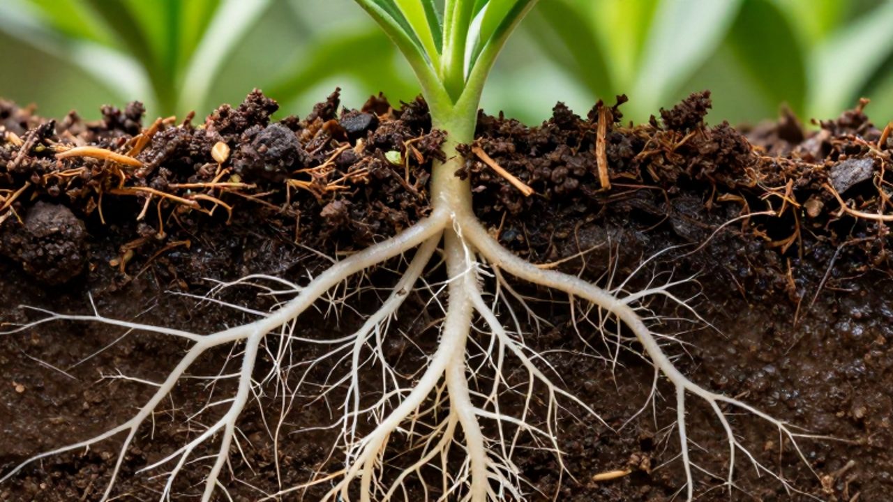 Hifas blancas de hongos entrelazadas con las raíces de una planta bajo la tierra orgánica.