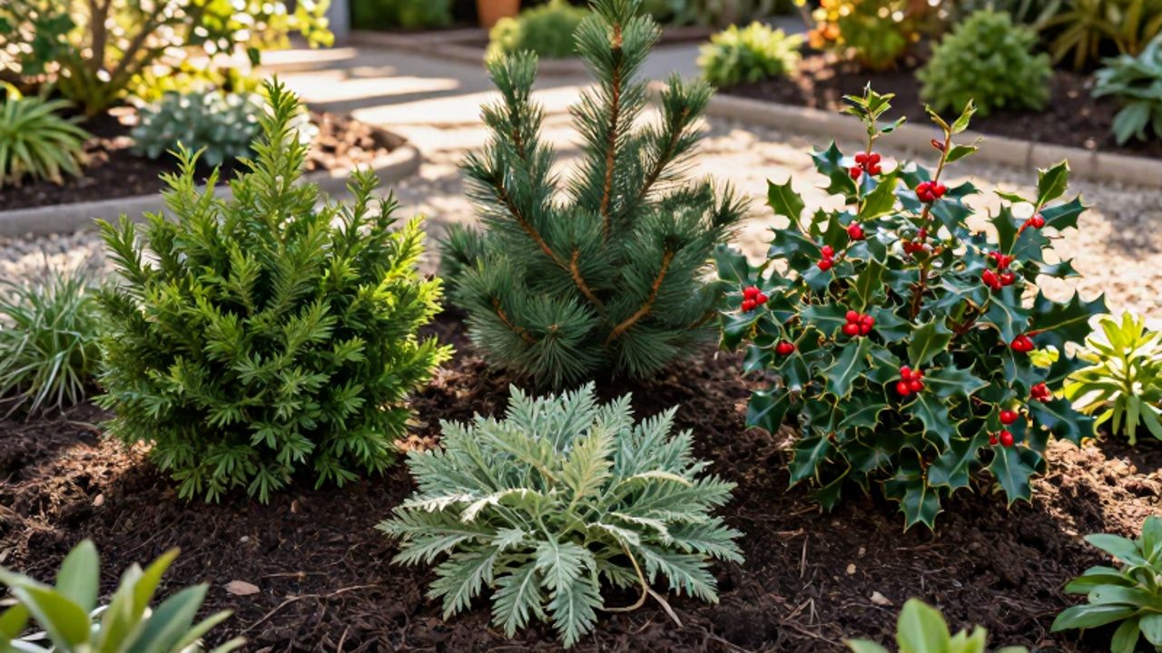Variedad de plantas resistentes como tejos, pinos y acebos con bayas rojas creciendo en suelo orgánico bajo la luz del sol.