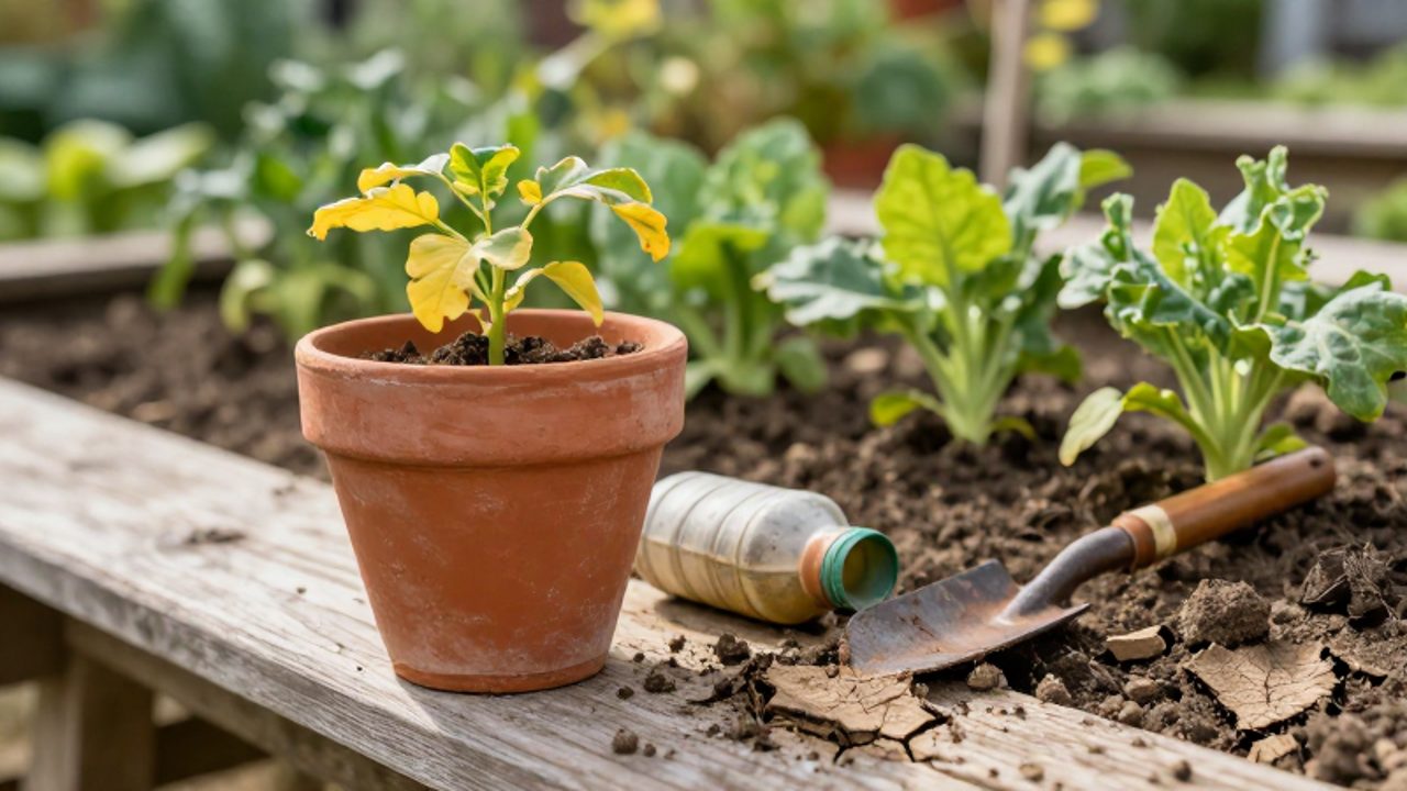 Planta marchita en una maceta de barro con tierra seca y hojas amarillentas, contrastando con un jardín frondoso y saludable al fondo.