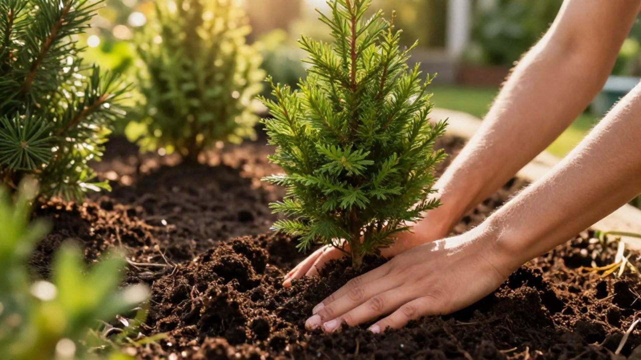 Unas manos presionan compost oscuro sobre la tierra alrededor de un pequeño arbusto verde en un jardín soleado.