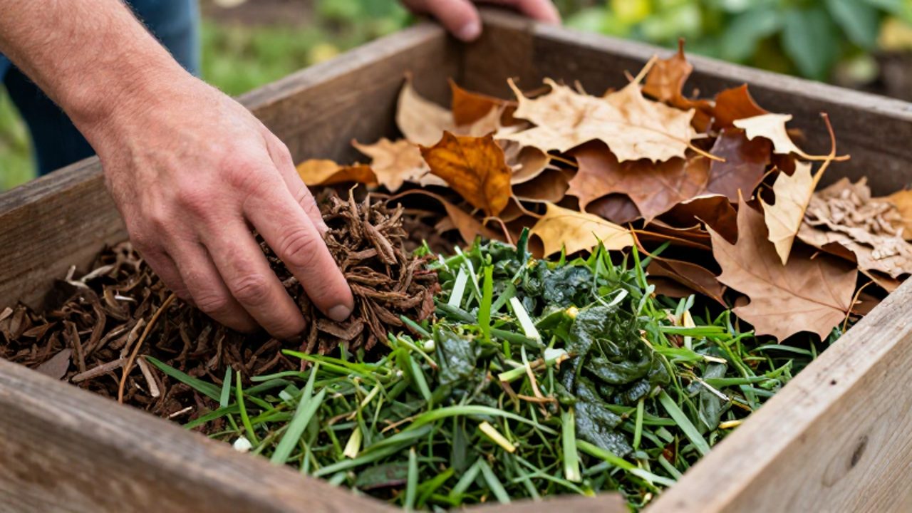 Unas manos de jardinero colocan capas de materia orgánica seca, como hojas y cartón, junto a restos vegetales verdes y húmedos dentro de un compostador de madera.
