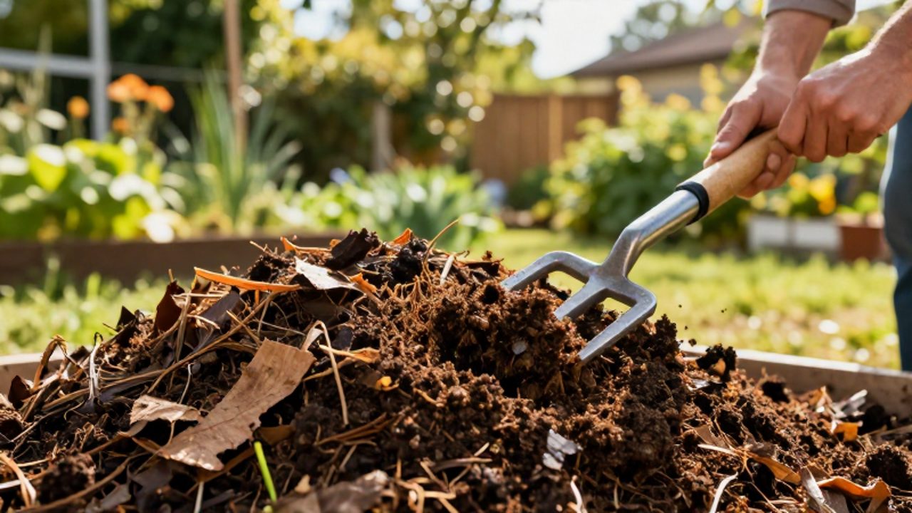 Unas manos usan una horca de metal para airear y mezclar una pila de compost oscuro con restos de cartón y hojas secas.