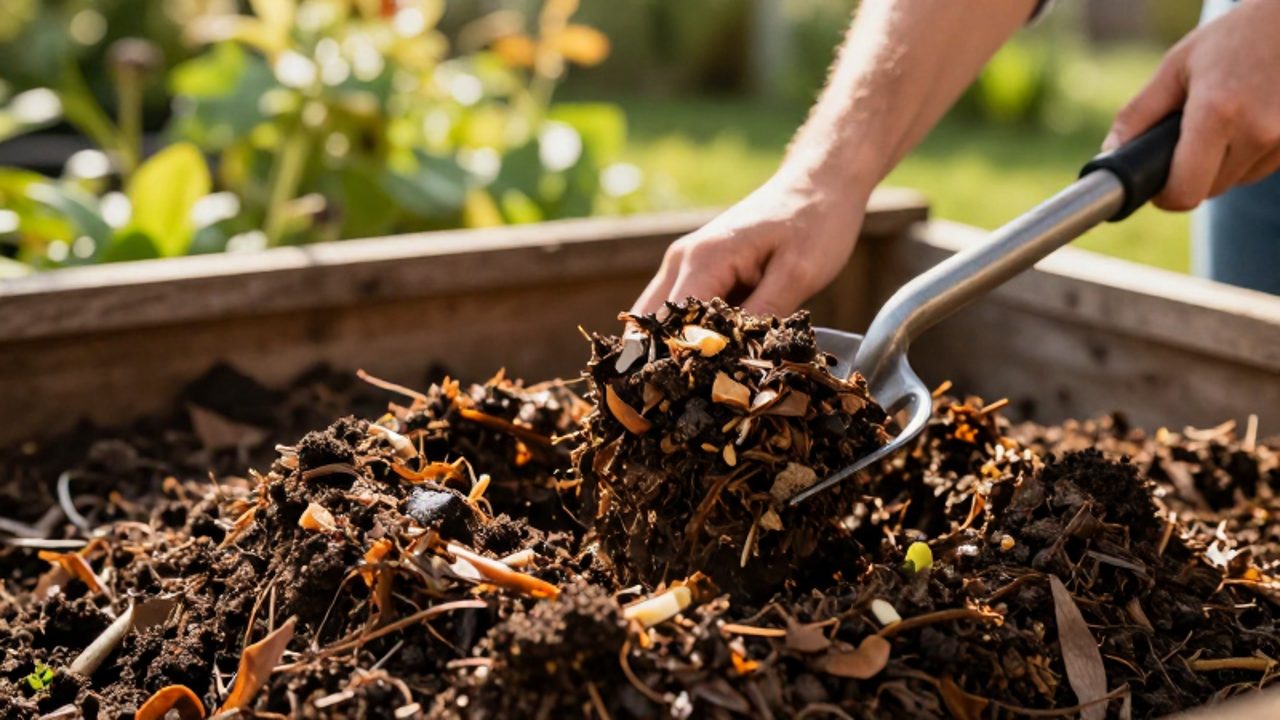 Manos aireando una pila de compost oscuro y húmedo con una horca de jardín en un entorno exterior soleado.