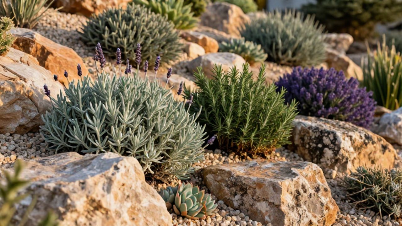Plantas mediterráneas resistentes a la sequía, como lavanda y romero, crecen entre rocas de piedra caliza y grava clara.