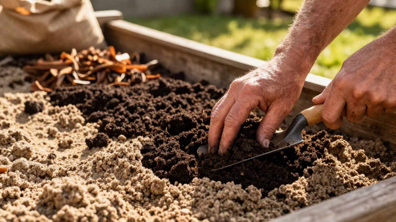 Unas manos mezclan compost oscuro en suelo arenoso claro con una pequeña pala para mejorar su fertilidad.