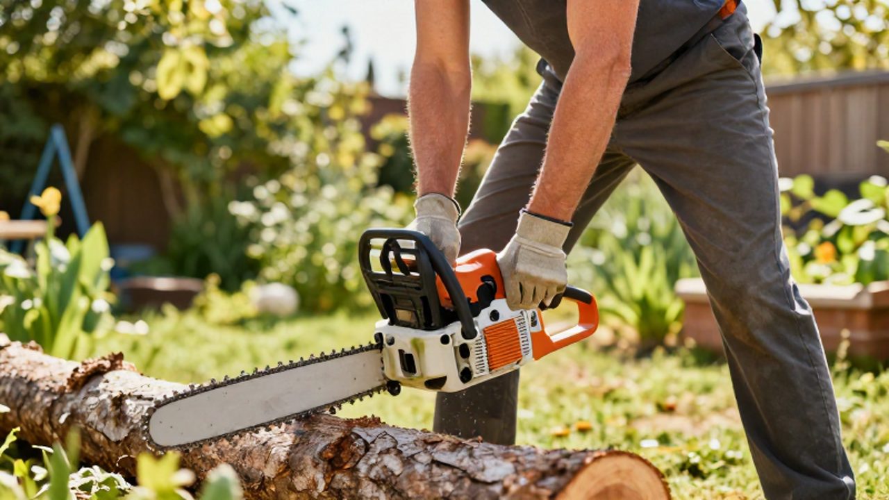 Un jardinero con guantes y gafas de seguridad sostiene una motosierra eléctrica con ambos brazos para realizar un corte controlado en un tronco caído.