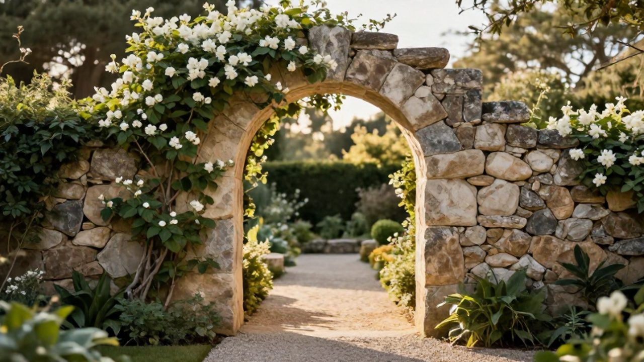 Arco de piedra de caliza cubierto de hiedra y jazmín que marca el inicio de un sendero de grava en un jardín mediterráneo.