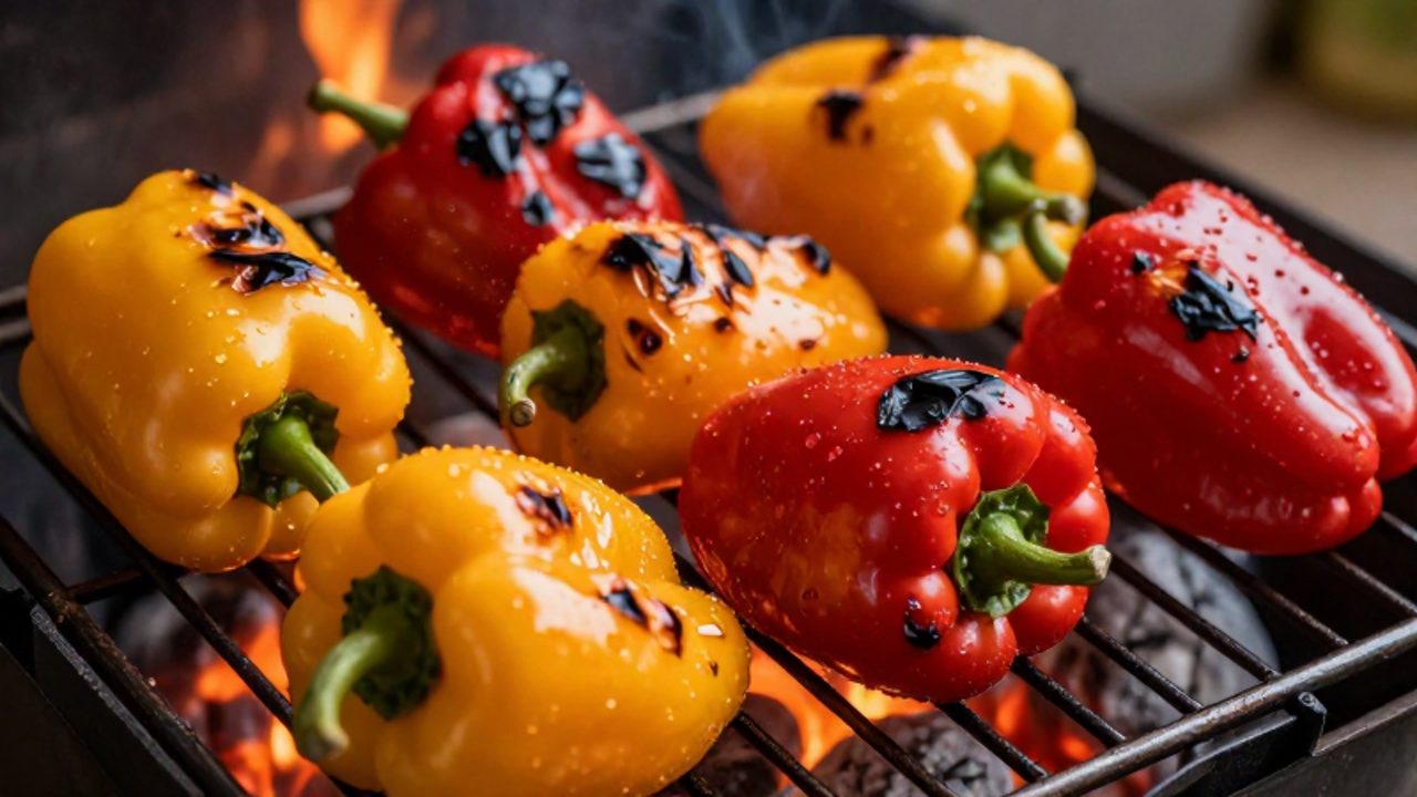 Pimientos rojos y amarillos asándose sobre una parrilla de metal con brasas brillantes de fondo.