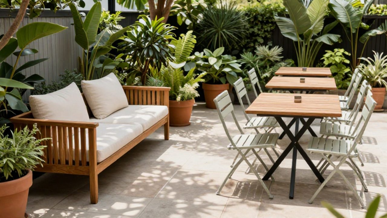 Terraza moderna que combina un conjunto de sofás de madera con plantas decorativas y un área de mesas y sillas plegables listas para un evento social.
