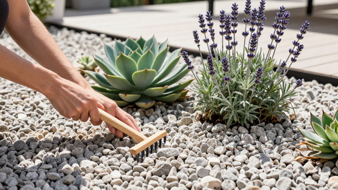 Unas manos usan un pequeño rastrillo de madera para alisar la gravilla gris alrededor de una suculenta y plantas de lavanda en un jardín xerófilo.