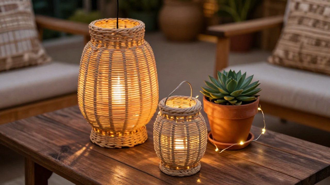 Variedad de lámparas de ratán, farolillos de mimbre y luces decorativas sobre una mesa de madera en un patio acogedor.