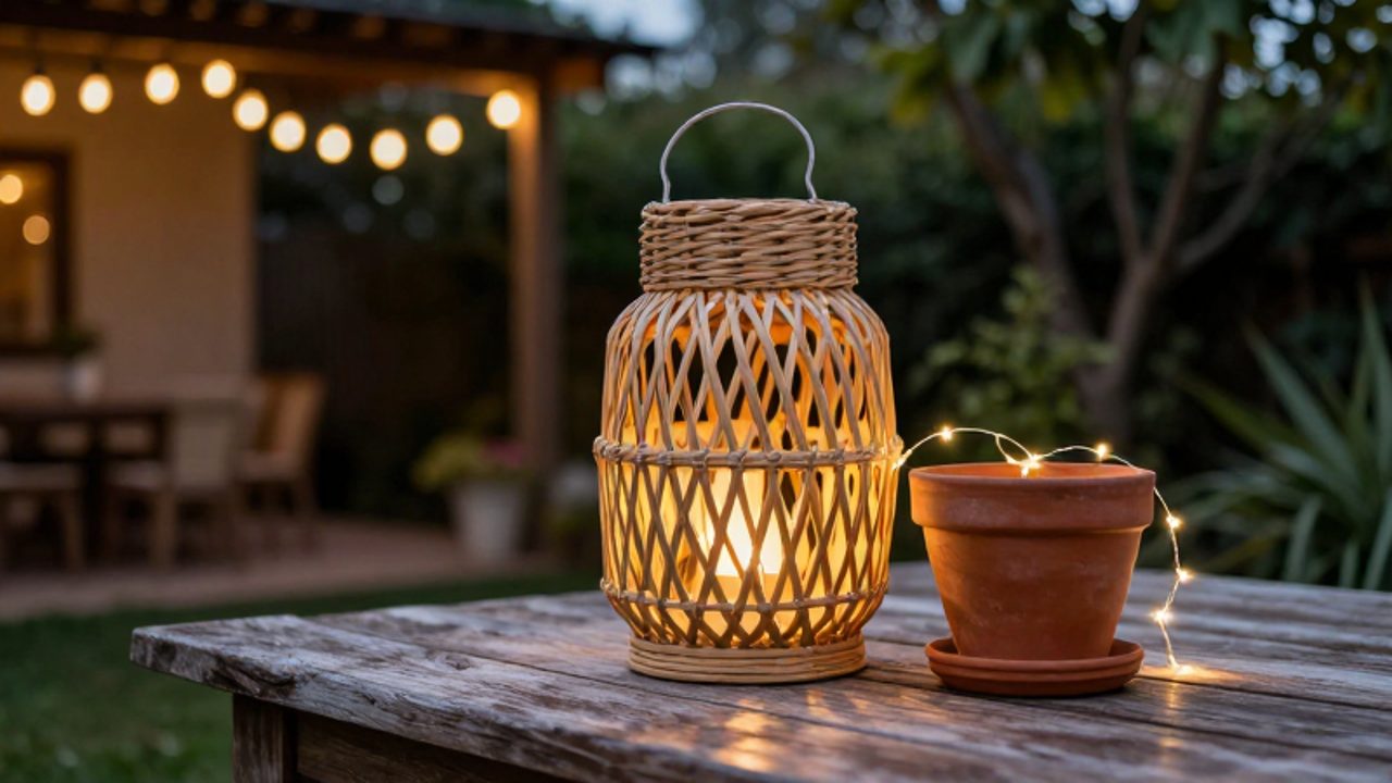 Linterna de ratán y luces LED cálidas entrelazadas sobre una mesa de madera en un patio decorado con luces colgantes al atardecer.