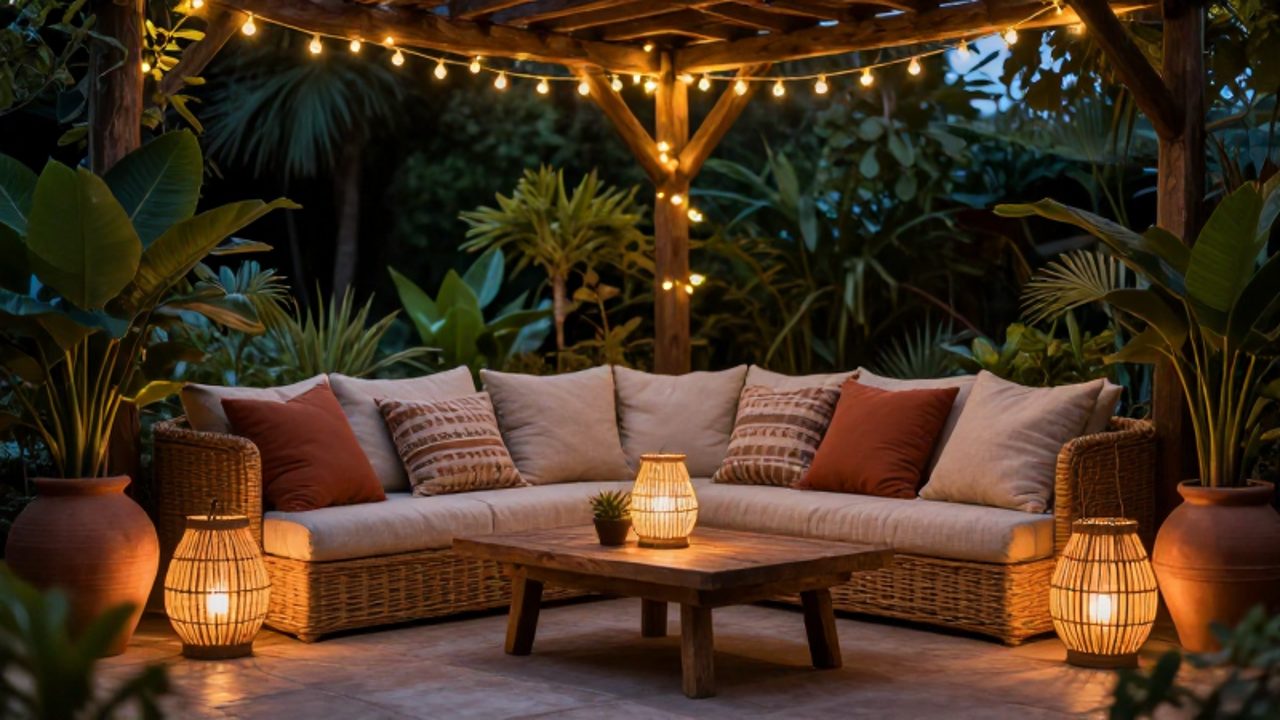 Patio acogedor de estilo bohemio decorado con luces de guirnalda, faroles de mimbre y cojines sobre una mesa de madera rodeada de plantas.