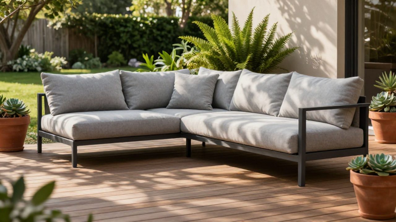 Sofá modular moderno de color gris con estructura de aluminio en una terraza de madera rodeada de plantas y vegetación.