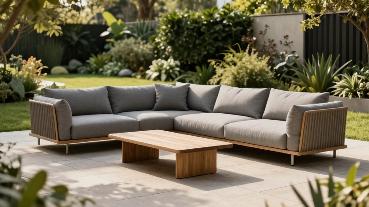Sofá modular de color gris con cojines neutros dispuesto en una terraza de piedra frente a un jardín frondoso.