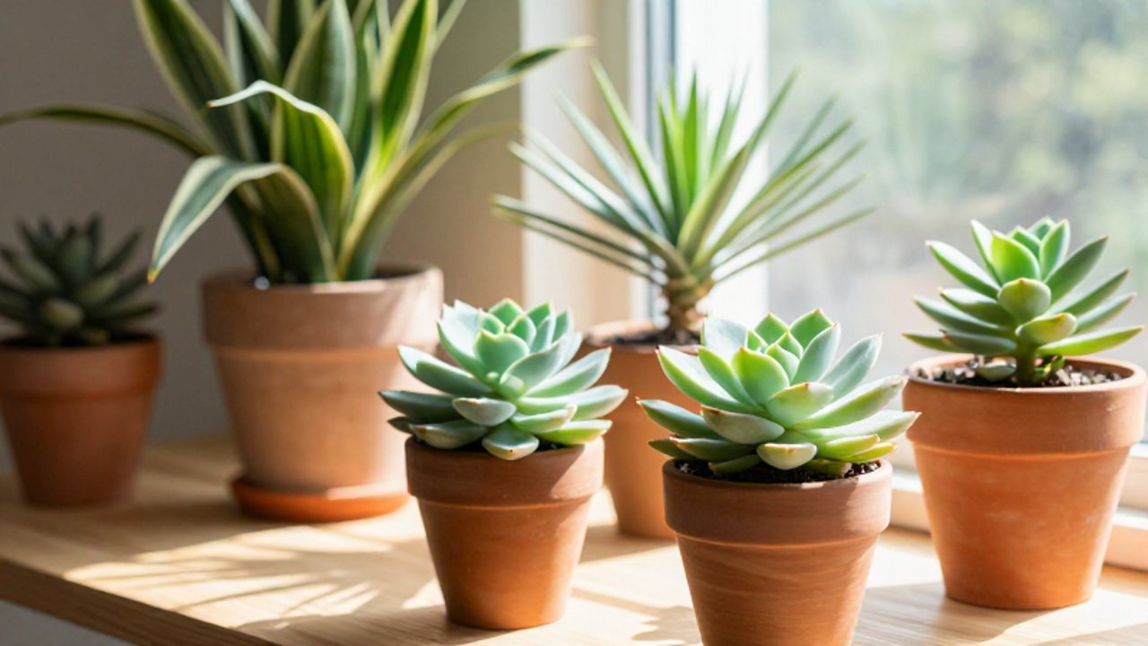 Variedad de plantas con poca agua dispuestas sobre una mesa de madera junto a una ventana, mostrando desde una suculenta bajo luz directa hasta una sansevieria en la sombra.