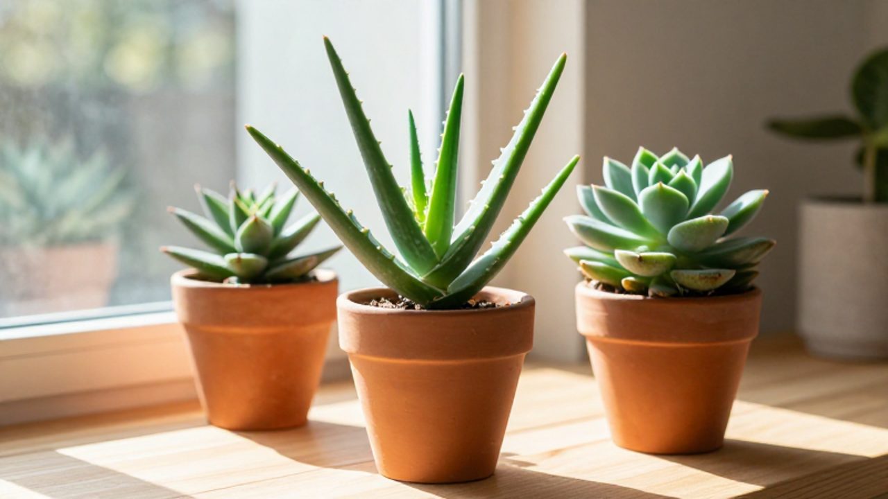 Plantas de Aloe vera y Echeveria en macetas de terracota sobre un alféizar de madera bajo la luz directa del sol.