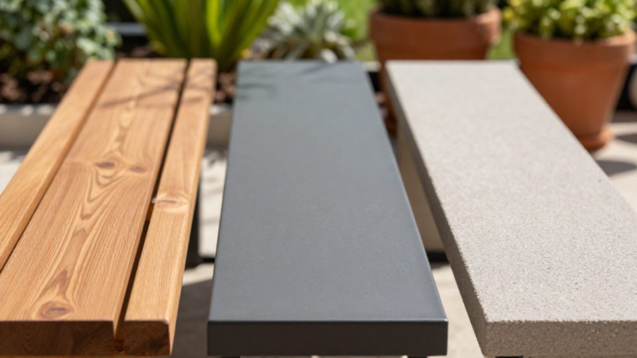 Comparativa de las texturas de tres materiales para bancos de jardín: madera de teca, metal gris carbón y material compuesto reciclado.