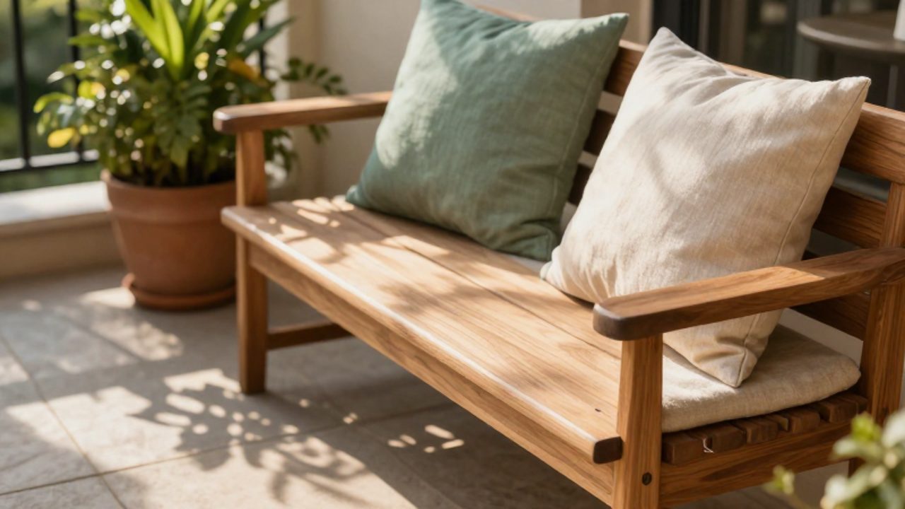 Banco de madera de teca con cojines de lino dispuesto sobre un patio de piedra junto a una planta en maceta.
