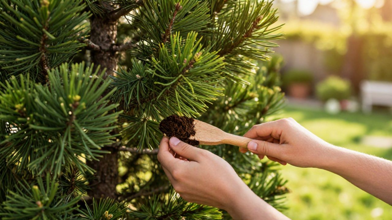 Manos de un jardinero aplicando compost orgánico alrededor del tronco de un árbol de hoja perenne para fortalecer su salud.