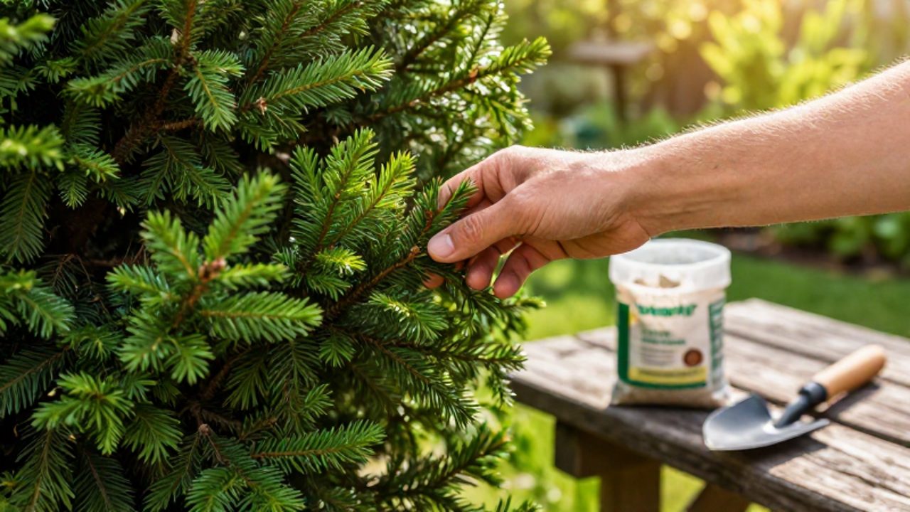 Una mano de jardinero inspecciona la salud de las agujas verdes de un árbol de hoja perenne en un jardín soleado junto a un saco de fertilizante orgánico.
